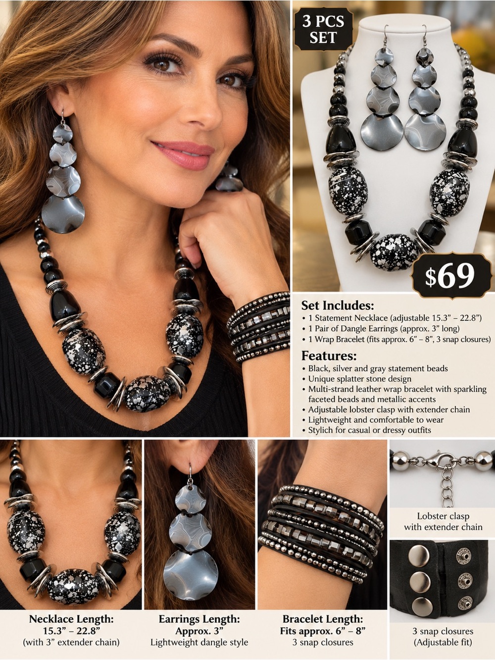 Black & Silver Statement Jewelry Set - Necklace, Earrings & Wrap Bracelet